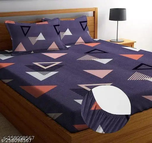 Cotton feel, geometric printed king size bedsheet with 2 large pillow covers (72 x 78 x 10), fits up to 8-inch mattress - Shiv Decor