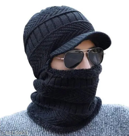 Black woolen cap with neck muffler/neckwarmer - warm and soft anti-allergic beanie for men and women this Autumn-Winter season