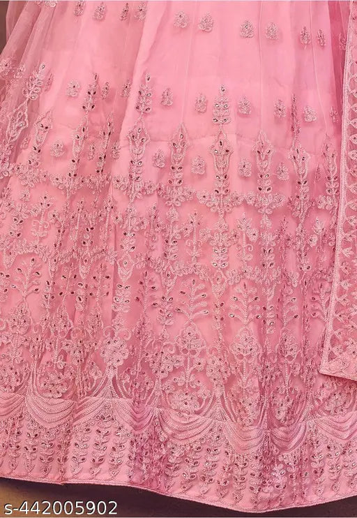 Designer pink net embroidered lehenga-choli set, free size for women, India origin
