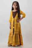 Multicolor Rayon Anarkali Kurta, yellow & maroon print, three-quarter sleeves, perfect for kids ages 5-8 years old, Indo-Western style