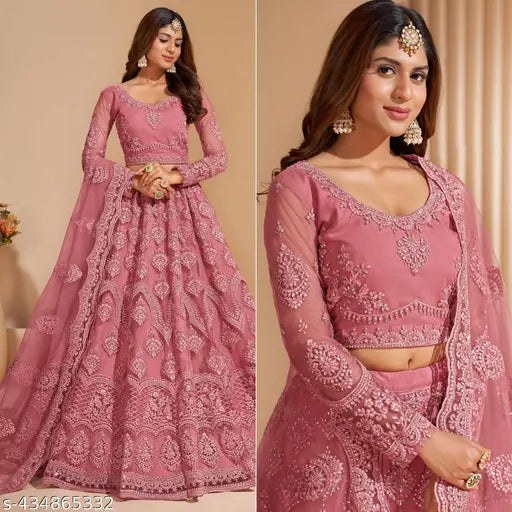 Pink silk blend semi-stitched lehenga & unstitched blouse with net dupatta. Indian Paisley pattern, free size (waist: 42in, length: 42in, dupatta: 70in)