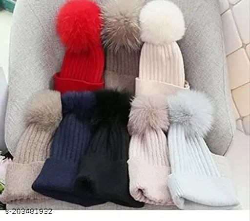 Woolen women's beanie cap with fur interior and soft pompom, India-made winter accessory