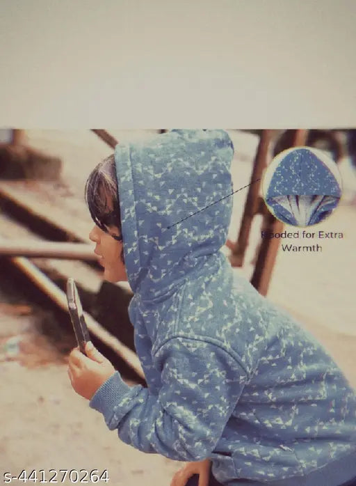 Cotton blend hoodie for kids, vibrant voyage blue print design, bio-washed and azo-free. Ethically made in India, perfect for various seasons and sizes 6-12M to 3-4Y