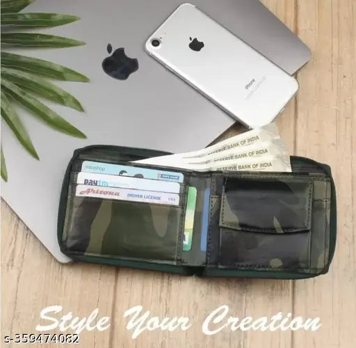 Faux leather army wallet, printed net design, compact with 2 compartments, India-origin fashion accessory