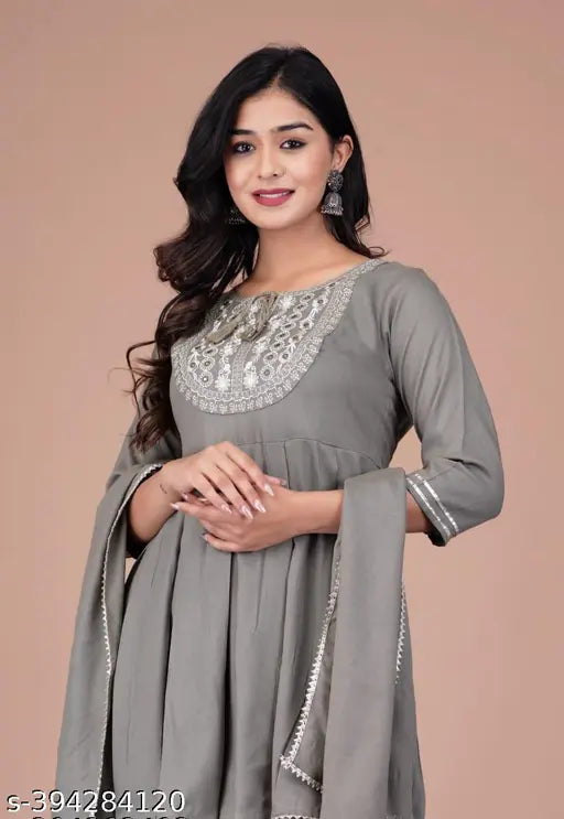 Grey rayon Rashi women's kurta set with sharara and dupatta, intricate embroidery and embellishments