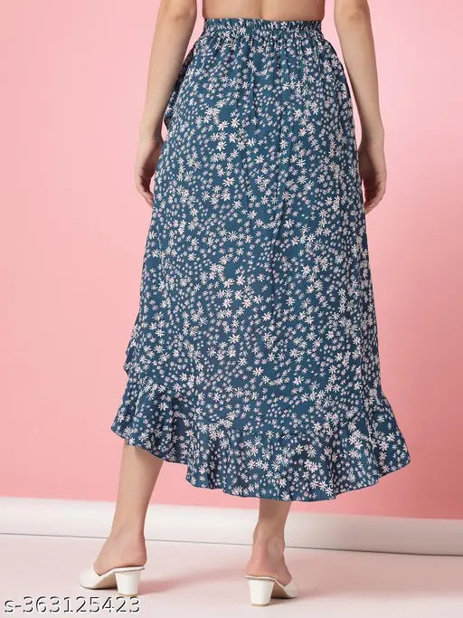 Blue crepe A-line skirt with floral print and ruffles on hem, elastic waist. OOMPH Women's design from India." (104 characters)