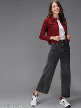 Denim women's jacket, trendy solid pattern with long sleeves - India