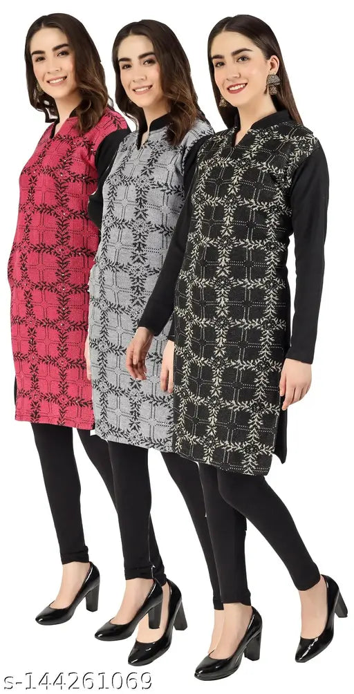 Multicolor woolen kurtas set, three-piece combo offer by Christy's Collection - cozy, printed long-sleeve womenswear from India