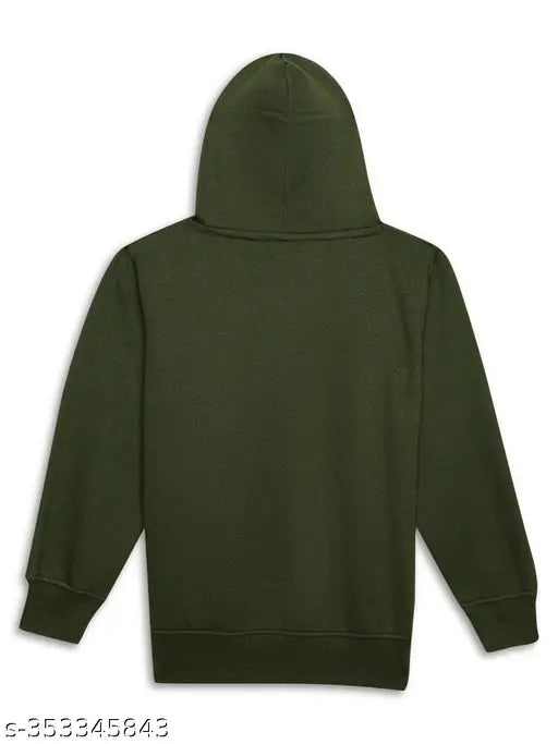 Olive printed hooded cotton fleece sweatshirt for boys, long sleeve casual wear in various sizes (2-3Y, 3-4Y, 4-5Y, 5-6Y, 6-7Y, 9-10Y, 14-15Y, 15-16Y). Made in India