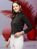 Black leather solid jacket by Sahana Style, long sleeves, size S (bust size 28 in, length size 27 in), made in India