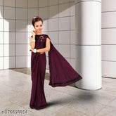 Indian poly silk striped saree with embellished net blouse set, suitable for festival and wedding parties (sizes 3-14 years)