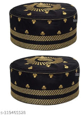 Golden black embroidered cotton Islamic caps pack of 2 for prayer, traditional Indian namaz topi set