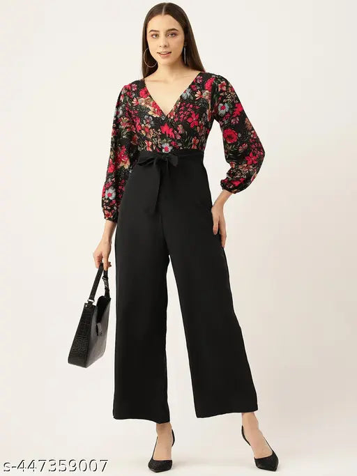 Floral printed polyester VNeck basic jumpsuit, three-quarter sleeves, black and red floral print, waist tie-ups. Size XS (34/26/34). Casual wear for women
