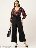 Floral printed polyester VNeck basic jumpsuit, three-quarter sleeves, black and red floral print, waist tie-ups. Size XS (34/26/34). Casual wear for women