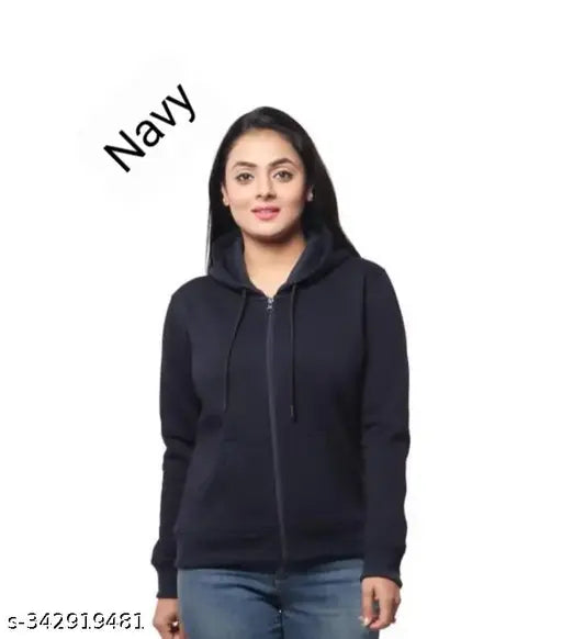 Navy fleece long-sleeved huddy for women or girls, solid pattern, made in India