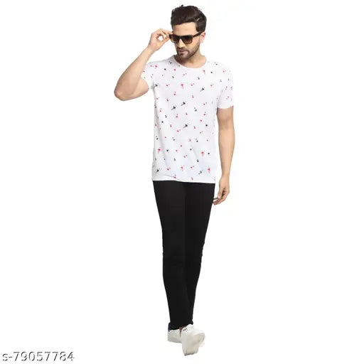 White cotton round-sleeve men's printed t-shirt by Vimal Jonney, perfect for casual wear