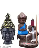 Blue polyresin multicolor Buddha showpiece statue with golden head, 12cm tall in a combo pack with 10 back flow incense cones