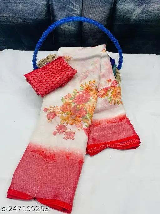 Indian printed chiffon saree with running blouse, free size, Brasso Chiffon 6.30