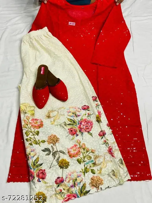 Embroidered net cotton Cambric kurta-palazzo set in three-quarter sleeves, Indian chikankari design. Pack of 2 sizes available
