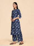 Stylish designer viscose printed kurta set with palazzos in three-quarter sleeves, cotton embroidery, size M, L, XL, XXL. Indian fashion attire on display