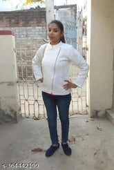 White wool side-zip jacket, long sleeves, stylish burfi pattern for women/girls