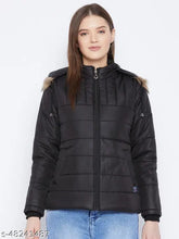 Black women's polyester parka jacket, full-sleeve, solid design, high-quality quilting, detachable faux fur hood, 3 pockets