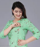 Rayon printed maternity kurta with three-quarter sleeves, trendy feeding zip design. Women's fashionable Indian maternity wear." (124 characters)