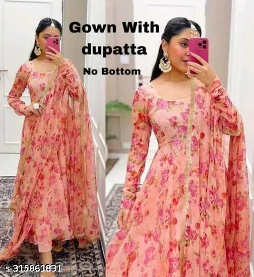 Pink georgette printed gown with matching pink dupatta, size S (36in bust, 52in length)