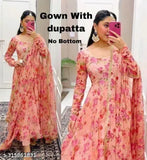 Pink georgette printed gown with matching pink dupatta, size S (36in bust, 52in length)