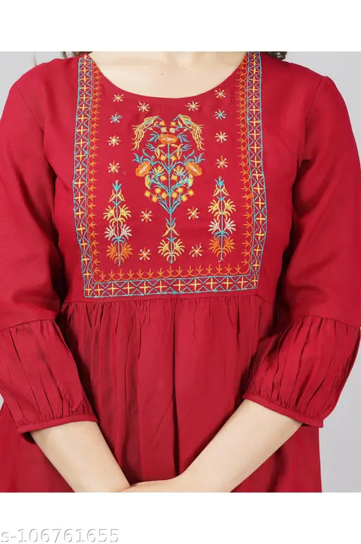 Rayon embroidered casual wear top for women & girls, three-quarter sleeves, Indian-inspired design, stylish and comfortable everyday attire