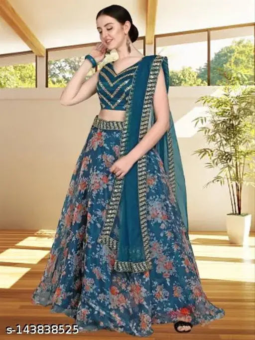Multi-colored FULPARI embroidered semi-stitched lehenga choli set, featuring satin topwear, net bottomwear, and embellished chevron patterns. Indian bridal wear on display