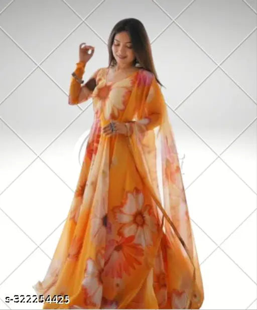 Georgette long-sleeve round neck printed dress with dupatta, versatile for casual formal parties or weddings