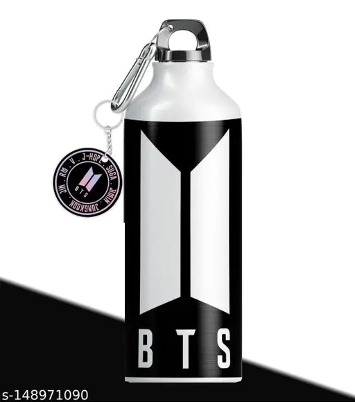 Aluminum HD Printed Leakproof Water Bottle (600ml) - Black, ideal for gym, school, office use, perfect gift for kids & adults, features BTS white logo, premium quality, reusable, eco-friendly, also includes keychain