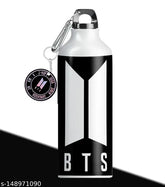 Aluminum HD Printed Leakproof Water Bottle (600ml) - Black, ideal for gym, school, office use, perfect gift for kids & adults, features BTS white logo, premium quality, reusable, eco-friendly, also includes keychain