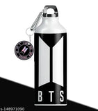 Aluminum HD Printed Leakproof Water Bottle (600ml) - Black, ideal for gym, school, office use, perfect gift for kids & adults, features BTS white logo, premium quality, reusable, eco-friendly, also includes keychain