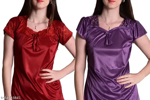 Purple Maroon satin Nightdoll Women's combo night suit/top payjama set, perfect for bedroom or special occasions, made in India