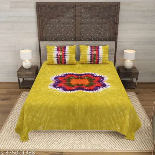 Jaipuri Hand Made Tie & Dye Cotton King Size Bedsheet with 2 Pillow Covers, botanical print, premium quality, suitable for all seasons