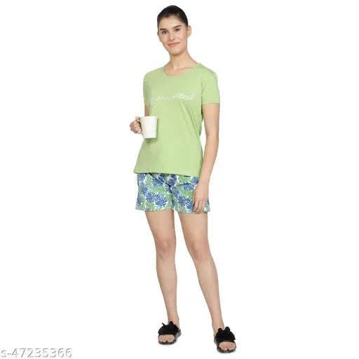 Women's cotton nightwear top & shorts loungewear set, printed net design, elasticated waistband with drawstring, perfect for lounging comfortably at home