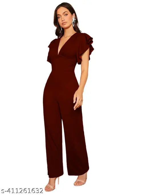 Classy fashion polyester plunging V-neck wide leg jumpsuit with ruffle and zipper detail, high waist, solid color on model