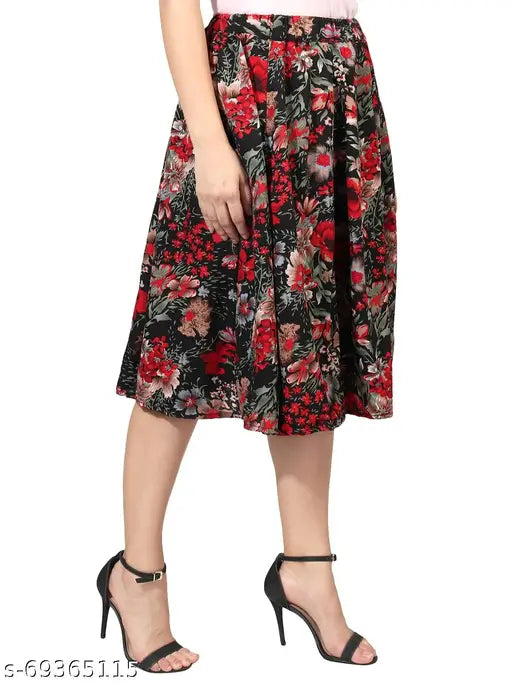 Black floral & navy blue small dot print mid calf length women's IBPanel polyester skirt combo, crepe texture, 27" long, size 26/waist 26", 28/waist 28", 30/waist 30", 32/waist 32", 34/waist 34", India origin
