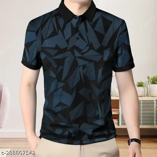 Blue cotton blend polo t-shirt for men, allover animal print design, suitable for casual wear