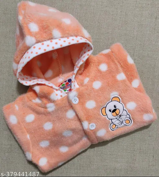 Orange wool full sleeve cartoon print winter bodysuit & sweater set for kids, featuring polka dots and attached mittens
