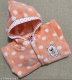 Orange wool full sleeve cartoon print winter bodysuit & sweater set for kids, featuring polka dots and attached mittens