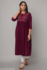 Rayon embroidered women's long-sleeved party kurta, trendy festive fashion, India