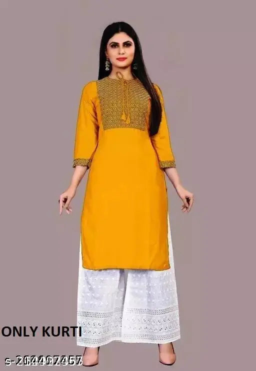 Rayon embroidered kurti with three-quarter sleeves, vibrant Indian fashion on mannequin