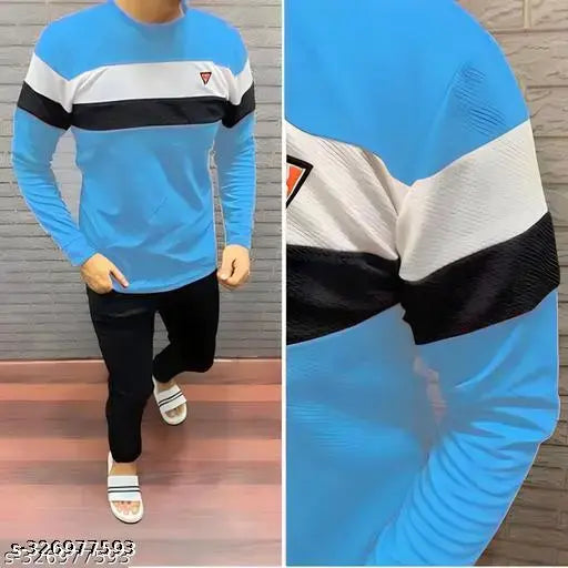 Sky blue striped, breathable lightweight popcorn cotton blend t-shirt with long sleeves - Hexacraft Men's design