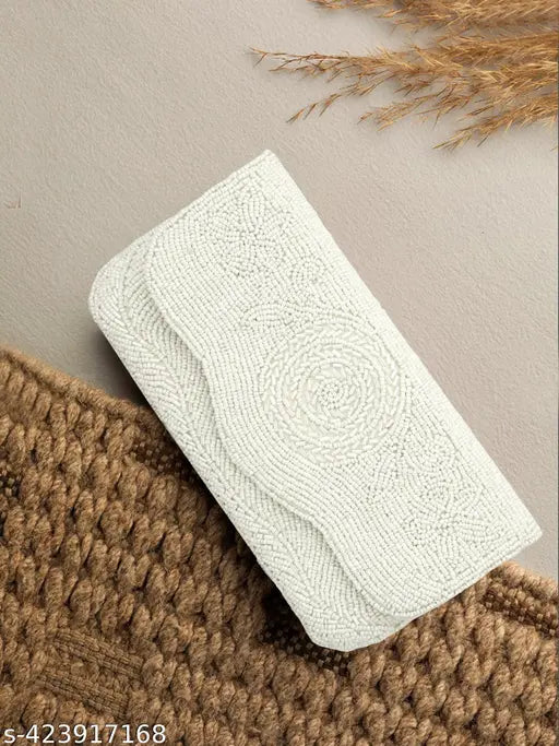 Handmade white embroidery clutch, fabric with 2 compartments. Embroidered net clutch in free size, trendy color, perfect for weddings & parties, originating from India