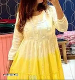 Yellow striped cotton lurex winter gown, three-quarter sleeves, Jaipuri print, women's party wear