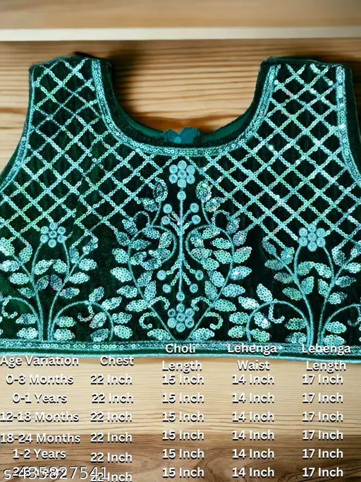 Embroidered velvet lehenga choli for baby girls and girls in various sizes. Soft, glossy satin blend fabric ensures comfort for extended wear