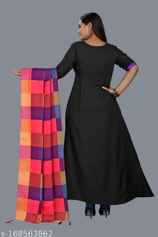 Black rayon Anarkali outfit with bamboo inner fabric, art silk dupatta. Indian traditional clothing for women
